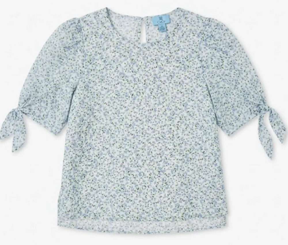 CeCe Floral Blouse Women's Blue White Tie Puff Sleeve M 8-12